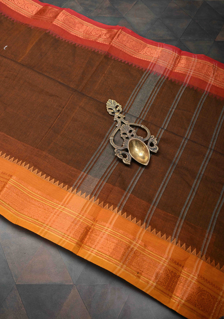 Brown Kanchi Cotton Saree with Ganga Jamuna Border, No Blouse piece