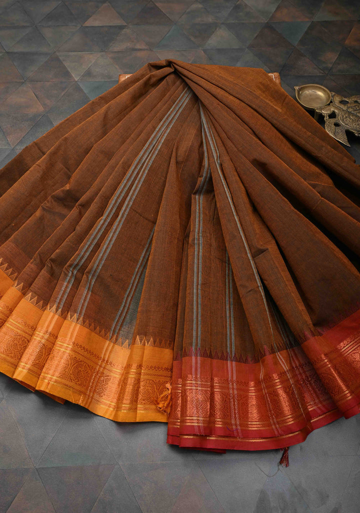 Brown Kanchi Cotton Saree with Ganga Jamuna Border, No Blouse piece