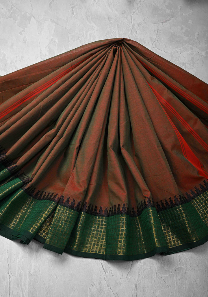 Red-green Dual tone Kanchi Cotton Saree Contrast zari border, No Blouse piece