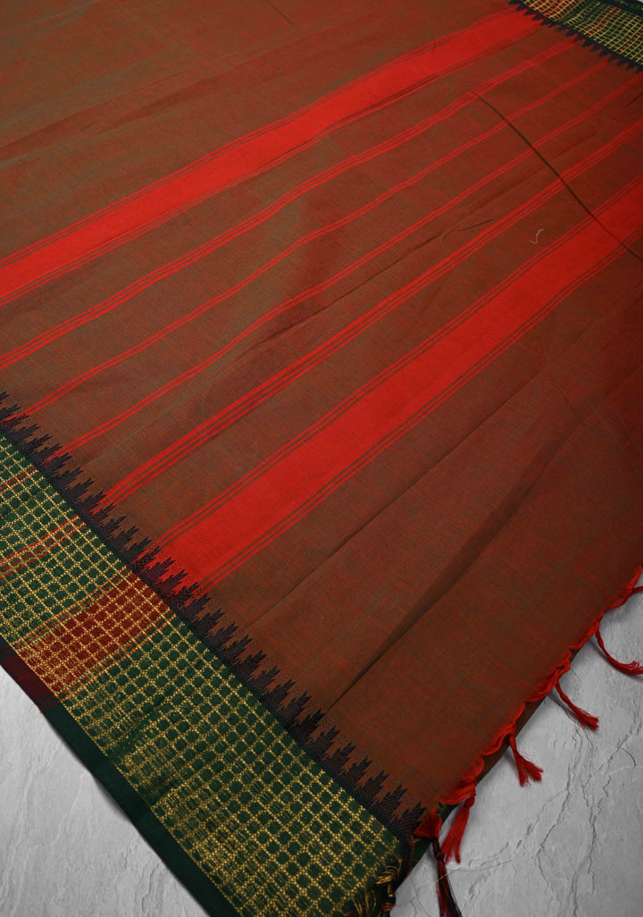 Red-green Dual tone Kanchi Cotton Saree Contrast zari border, No Blouse piece