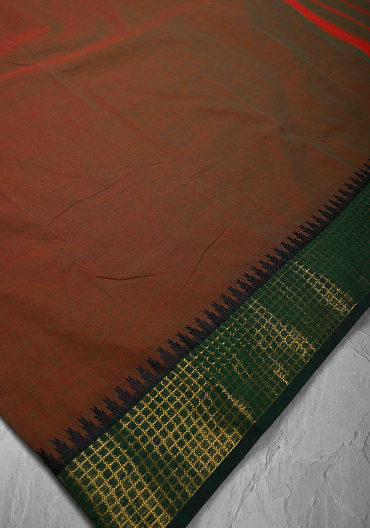 Red-green Dual tone Kanchi Cotton Saree Contrast zari border, No Blouse piece