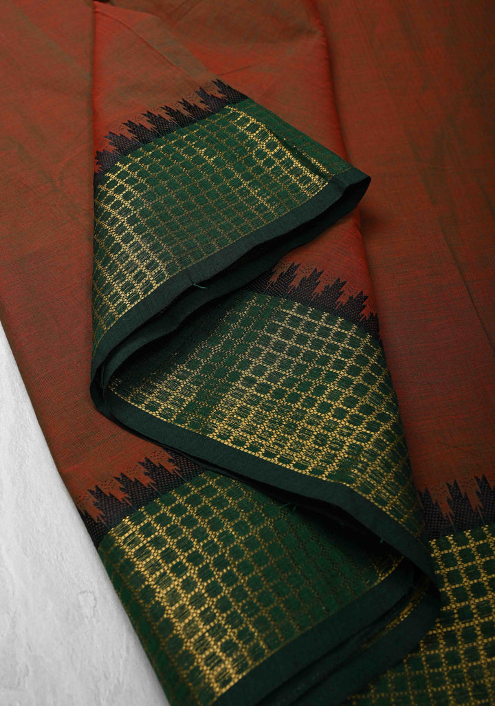 Red-green Dual tone Kanchi Cotton Saree Contrast zari border, No Blouse piece