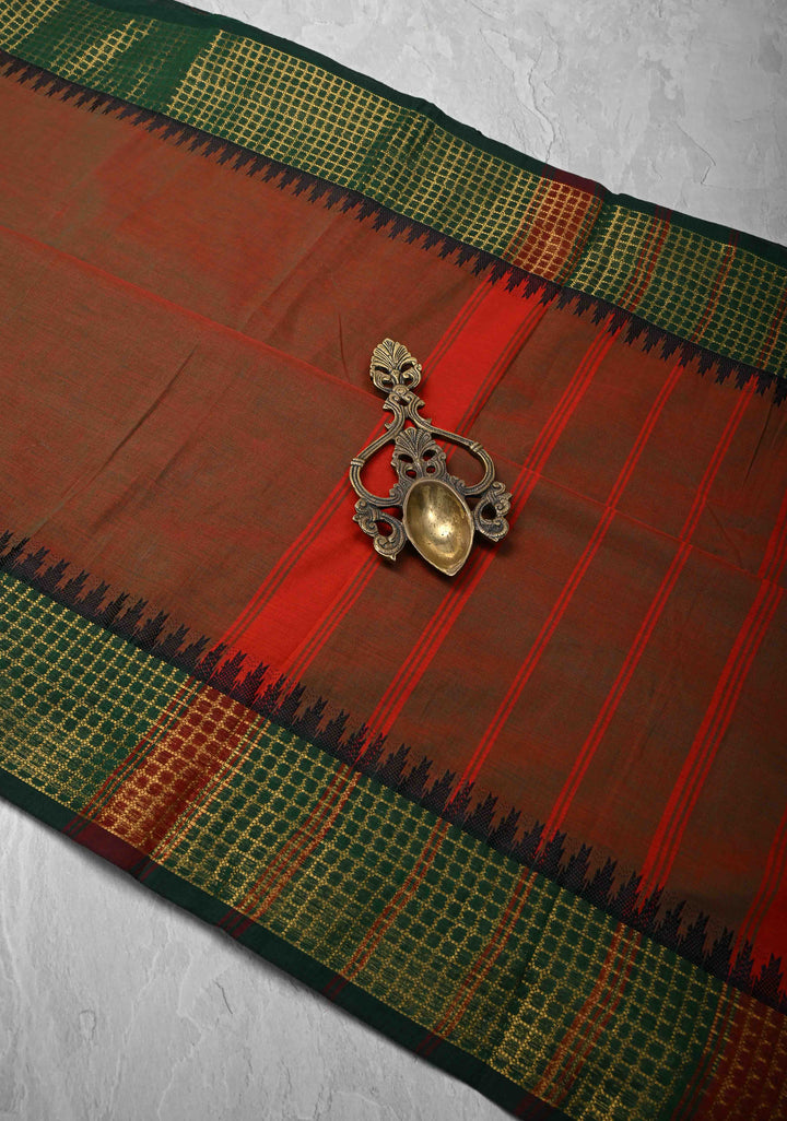 Red-green Dual tone Kanchi Cotton Saree Contrast zari border, No Blouse piece