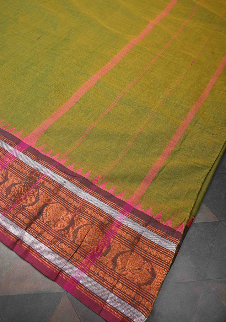 Henna green Kanchi Cotton Saree with Distinct Peacock Motifs on Contrast zari border, No Blouse piece