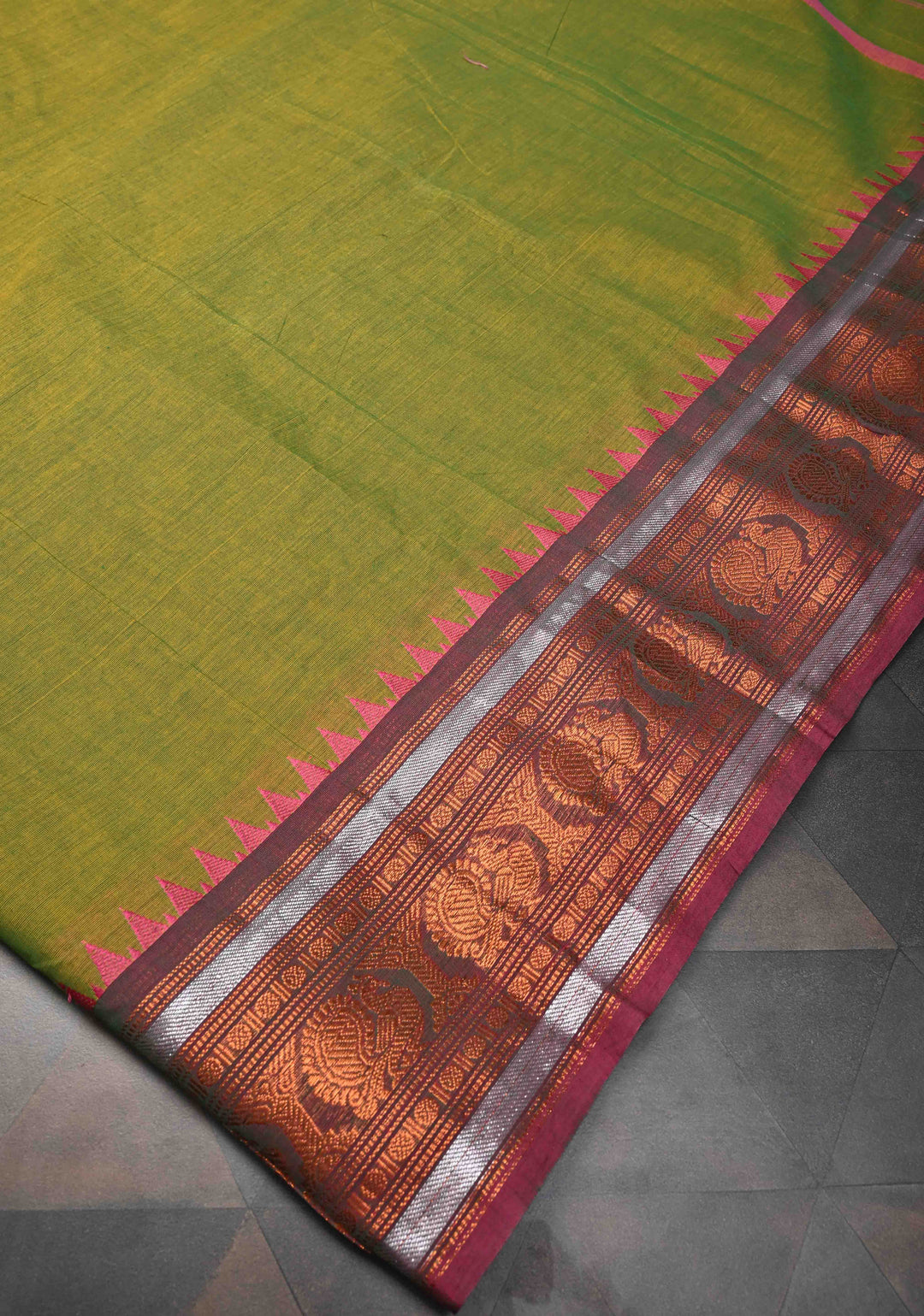 Henna green Kanchi Cotton Saree with Distinct Peacock Motifs on Contrast zari border, No Blouse piece