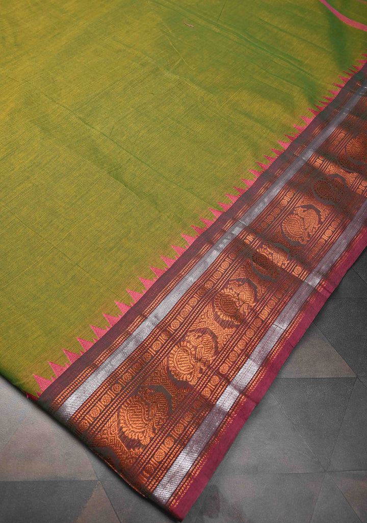 Henna green Kanchi Cotton Saree with Distinct Peacock Motifs on Contrast zari border, No Blouse piece