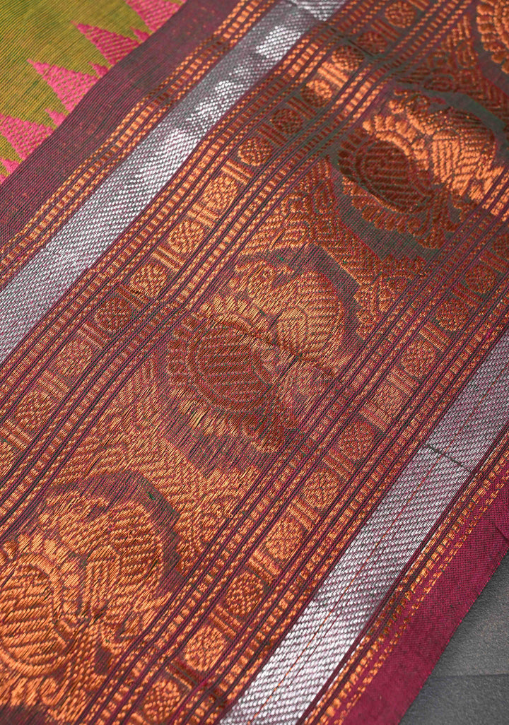 Henna green Kanchi Cotton Saree with Distinct Peacock Motifs on Contrast zari border, No Blouse piece
