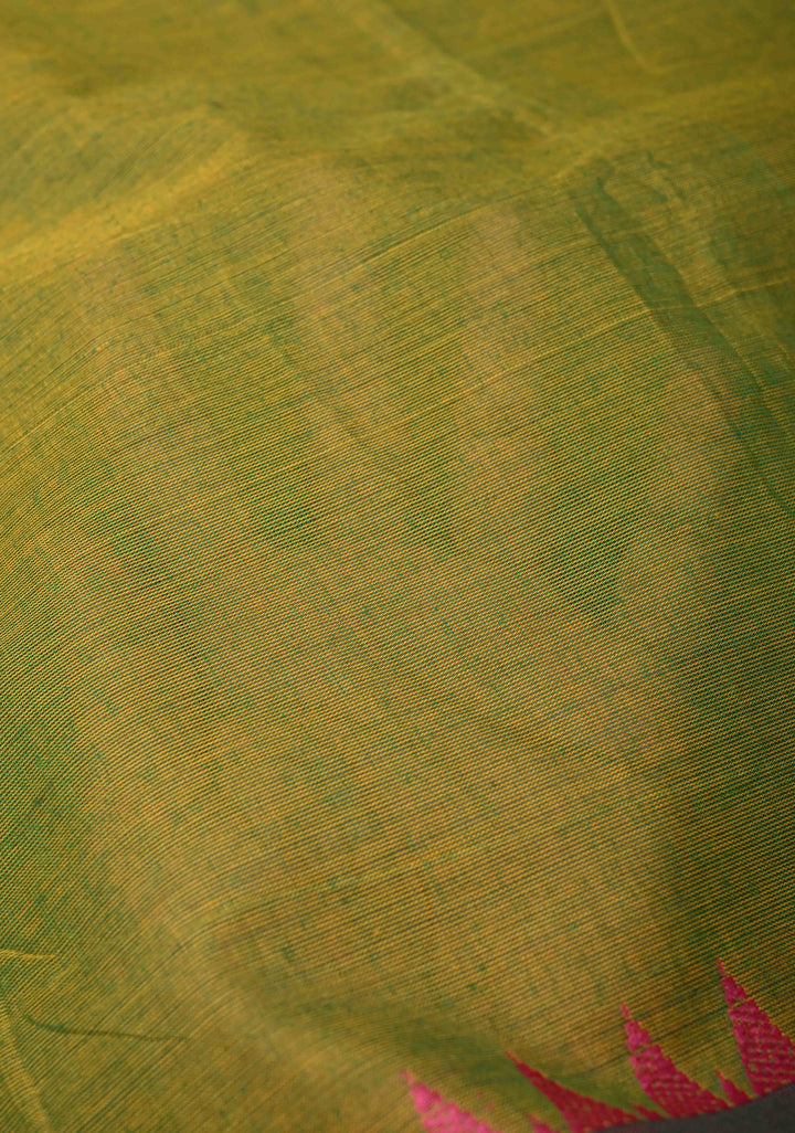 Henna green Kanchi Cotton Saree with Distinct Peacock Motifs on Contrast zari border, No Blouse piece