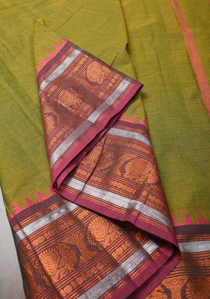 Henna green Kanchi Cotton Saree with Distinct Peacock Motifs on Contrast zari border, No Blouse piece