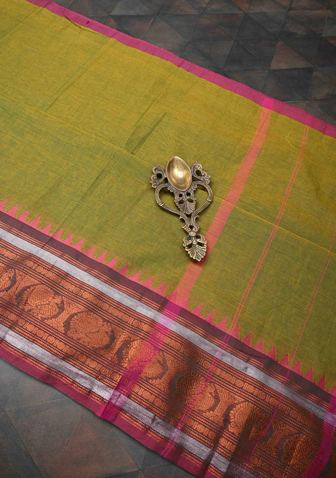 Henna green Kanchi Cotton Saree with Distinct Peacock Motifs on Contrast zari border, No Blouse piece