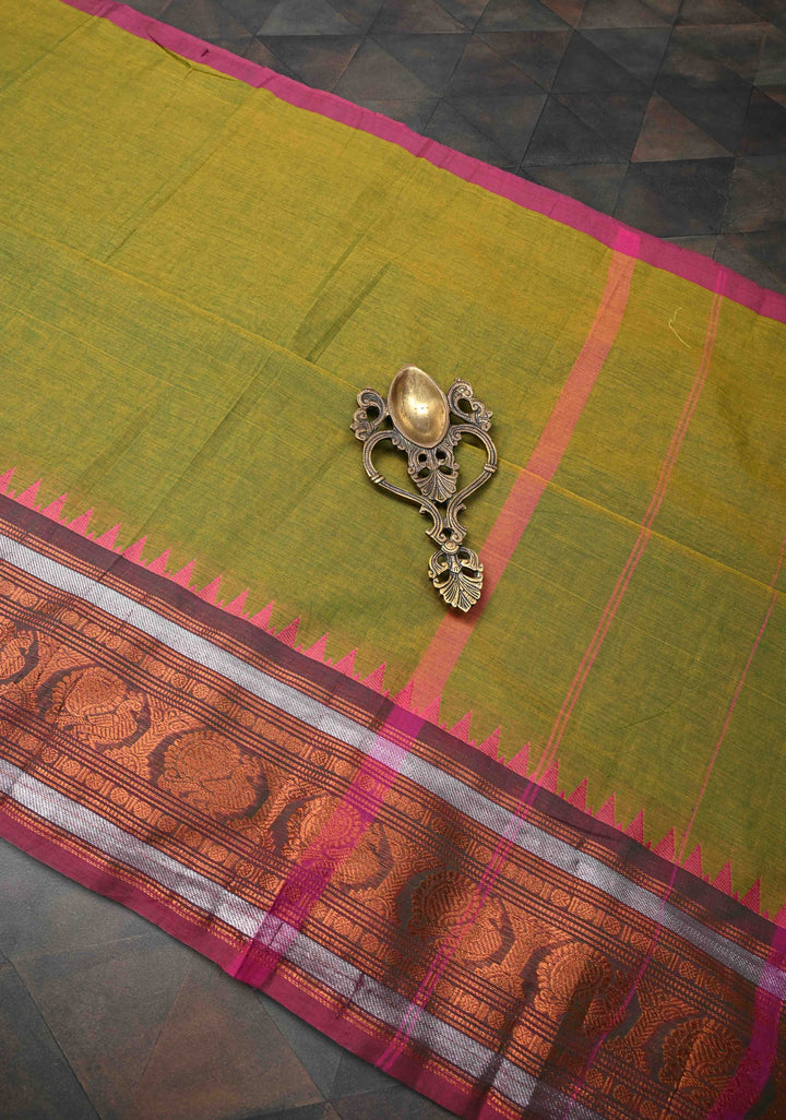 Henna green Kanchi Cotton Saree with Distinct Peacock Motifs on Contrast zari border, No Blouse piece