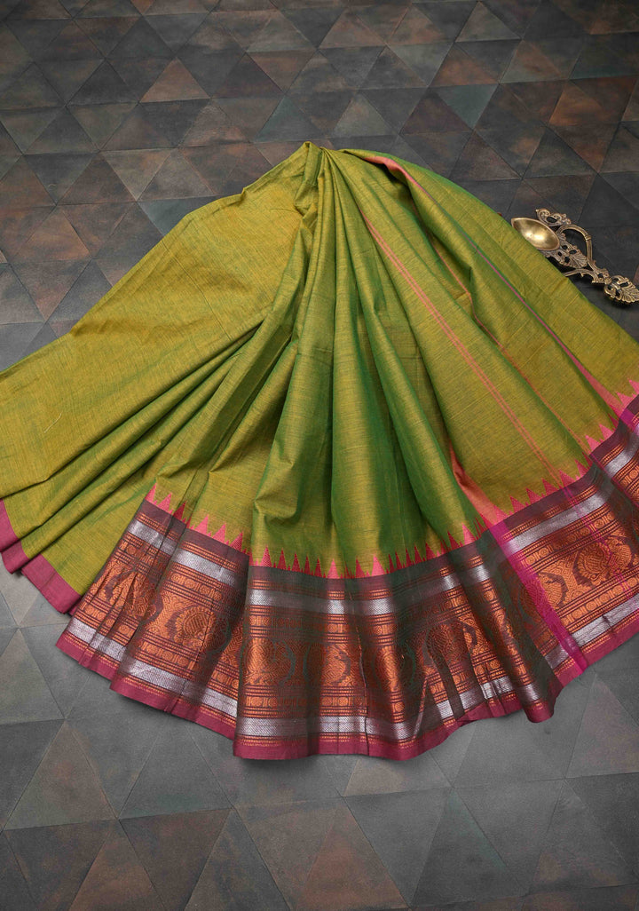 Henna green Kanchi Cotton Saree with Distinct Peacock Motifs on Contrast zari border, No Blouse piece