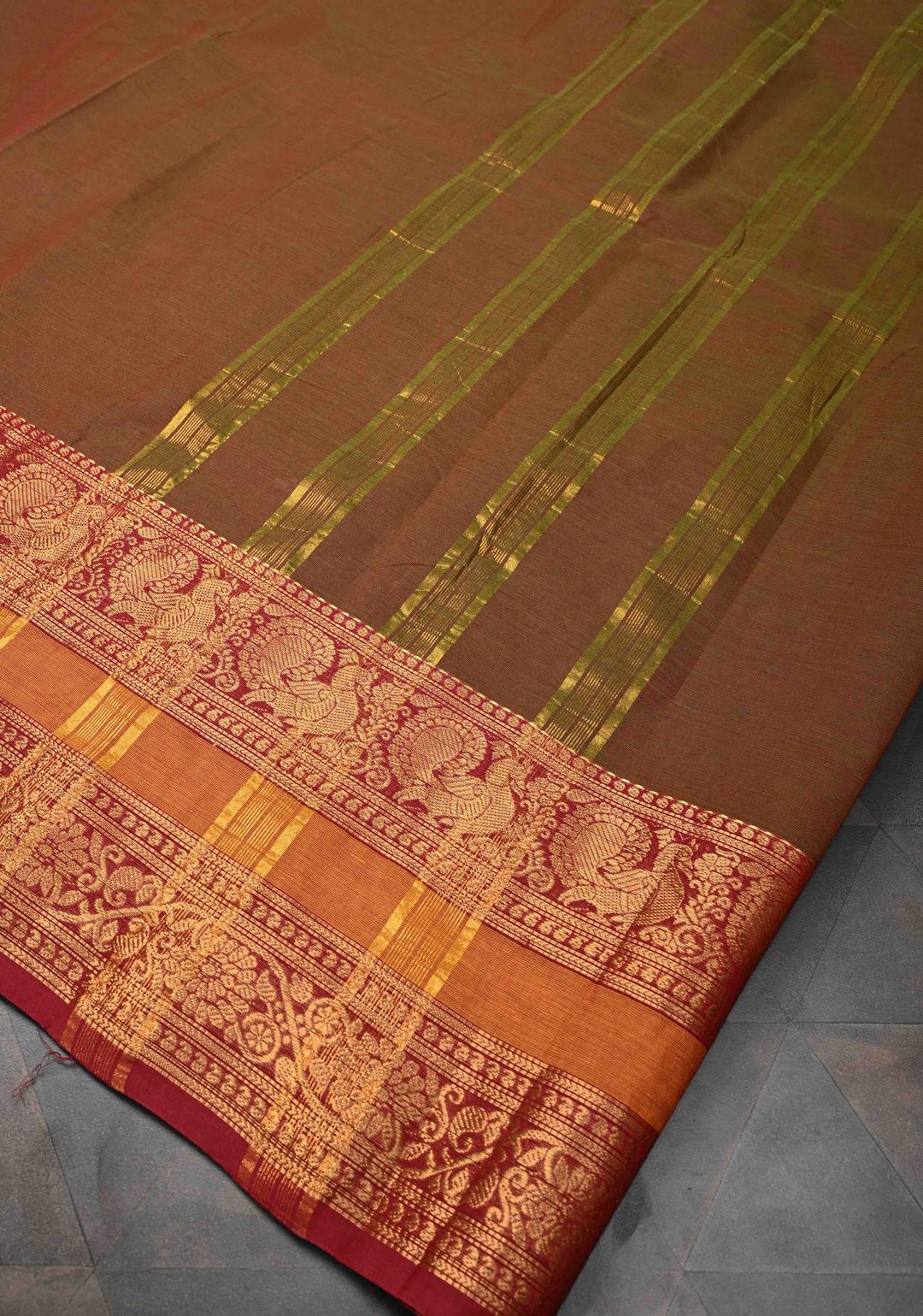 Rusty Brown Dual Tone Kanchi Cotton Saree with Contrast zari border, No Blouse piece