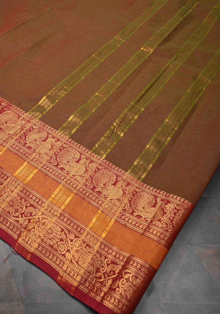 Rusty Brown Dual Tone Kanchi Cotton Saree with Contrast zari border, No Blouse piece