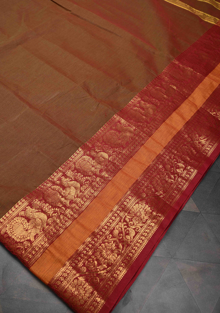 Rusty Brown Dual Tone Kanchi Cotton Saree with Contrast zari border, No Blouse piece