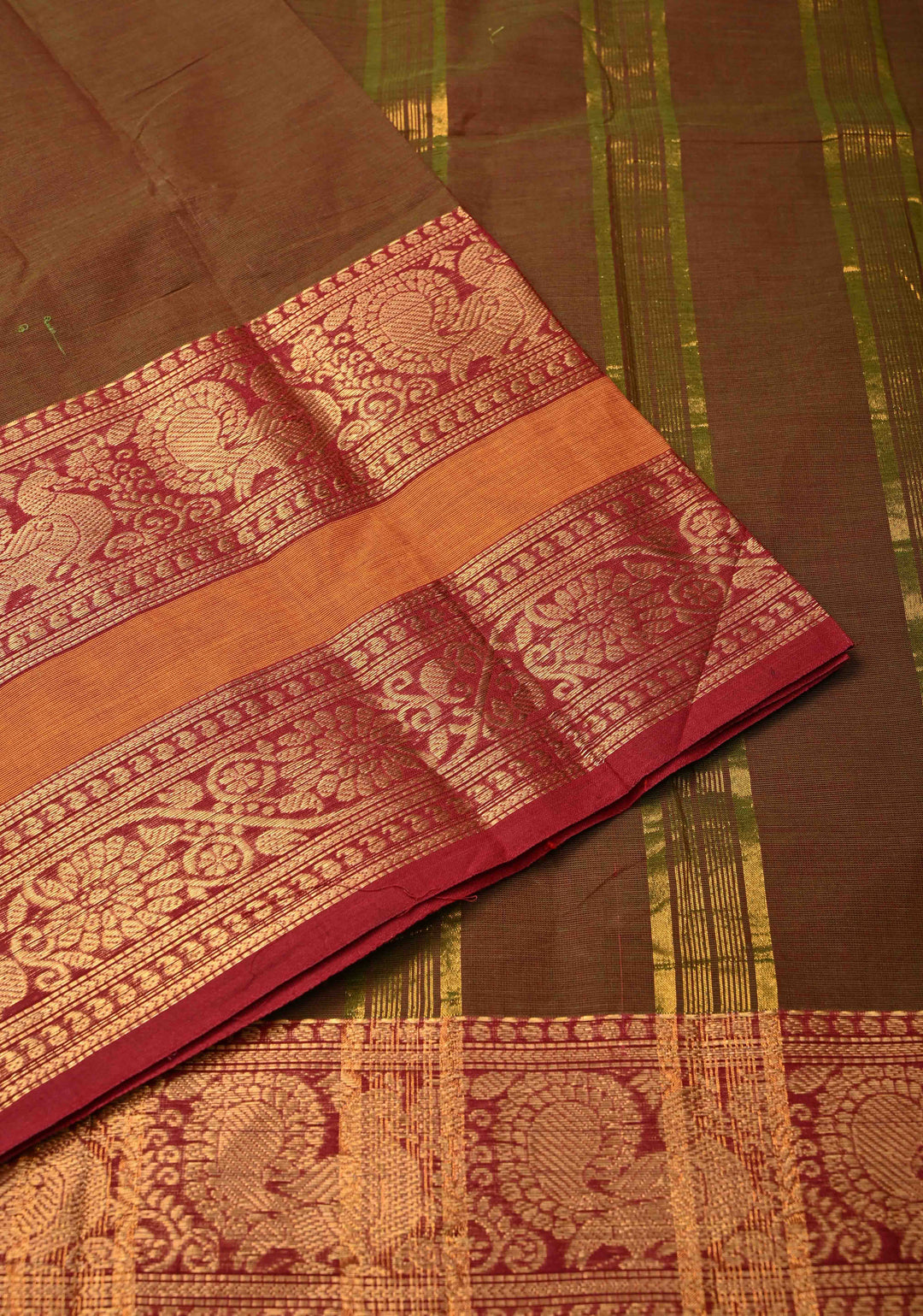 Rusty Brown Dual Tone Kanchi Cotton Saree with Contrast zari border, No Blouse piece