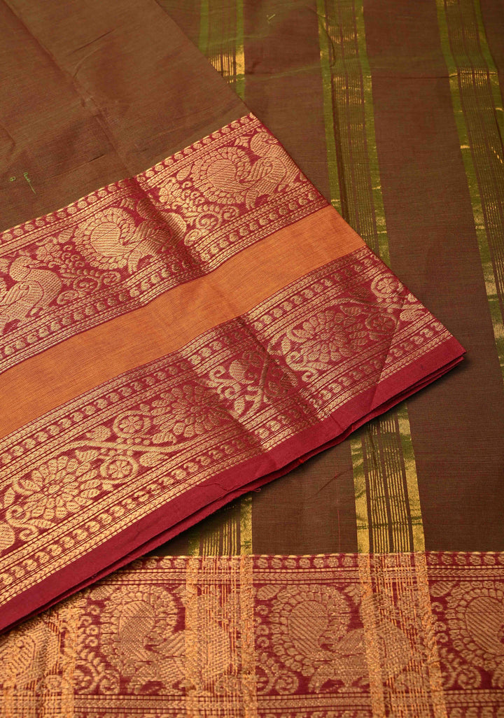 Rusty Brown Dual Tone Kanchi Cotton Saree with Contrast zari border, No Blouse piece