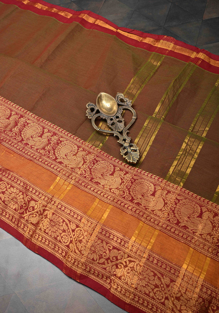 Rusty Brown Dual Tone Kanchi Cotton Saree with Contrast zari border, No Blouse piece