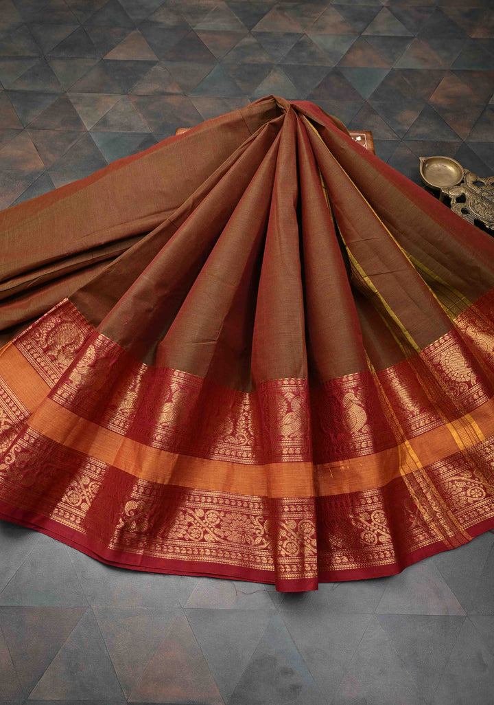 Rusty Brown Dual Tone Kanchi Cotton Saree with Contrast zari border, No Blouse piece