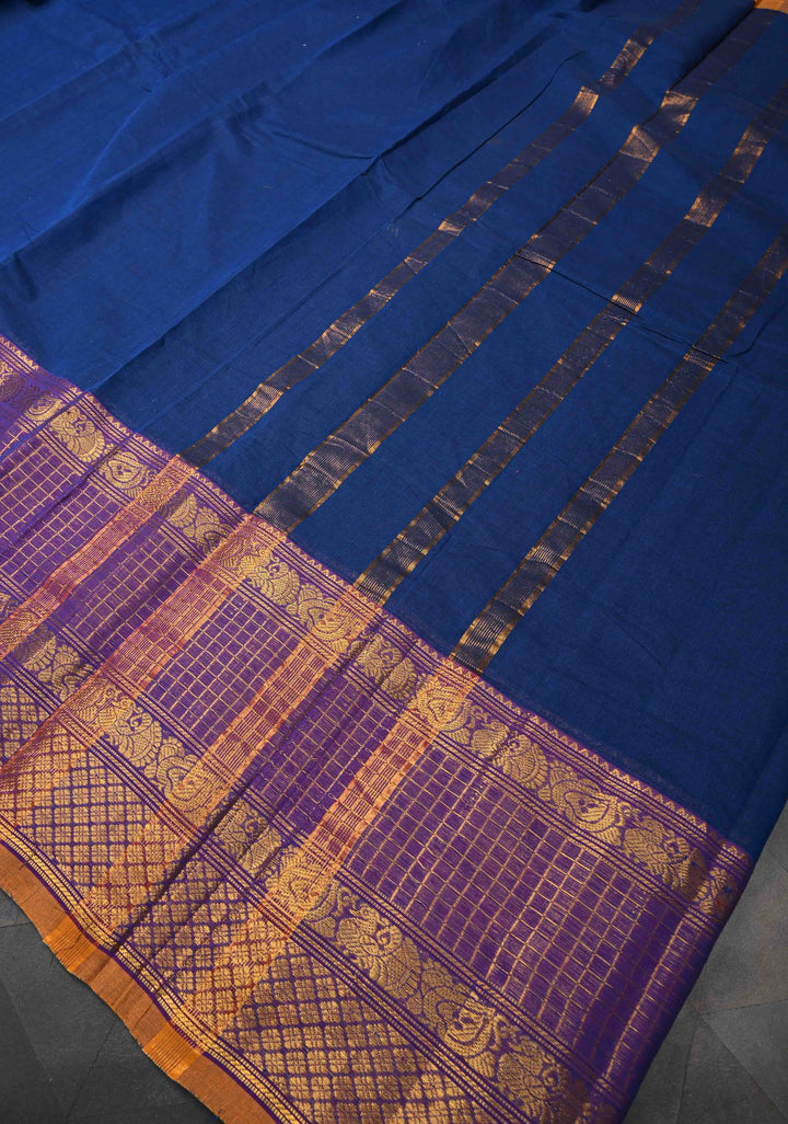 Navy blue Kanchi Cotton Saree with checked panel zari border, No Blouse piece