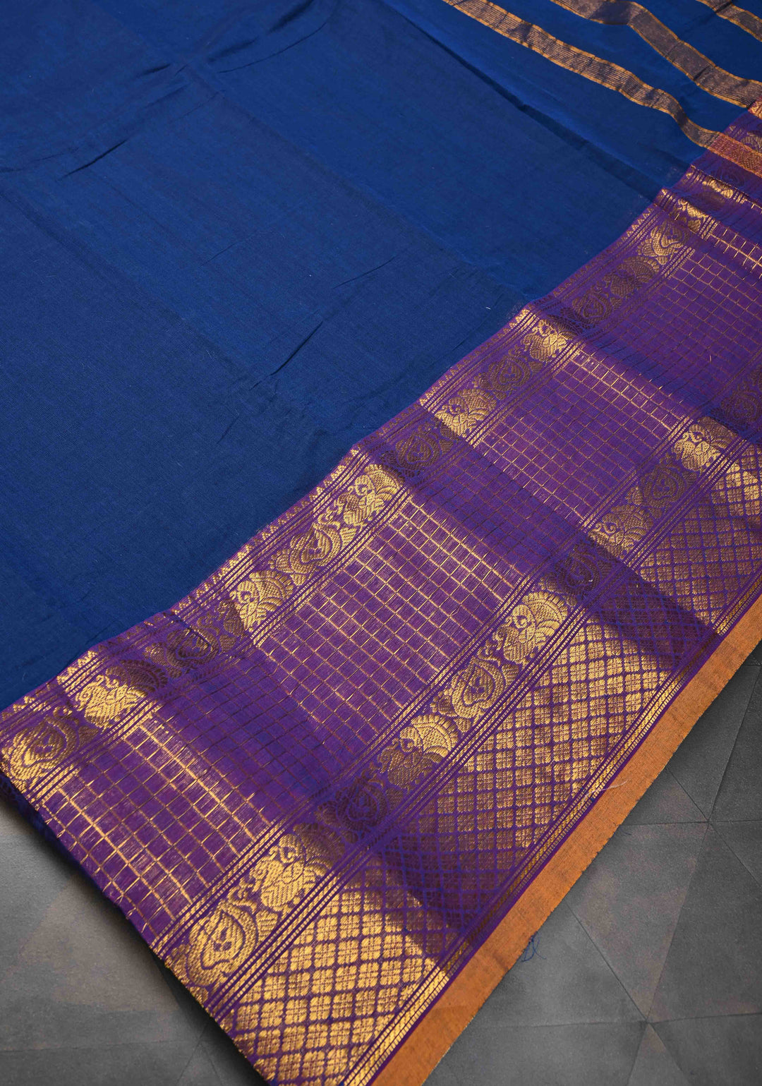 Navy blue Kanchi Cotton Saree with checked panel zari border, No Blouse piece
