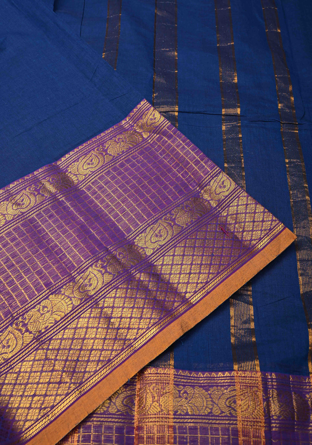 Navy blue Kanchi Cotton Saree with checked panel zari border, No Blouse piece