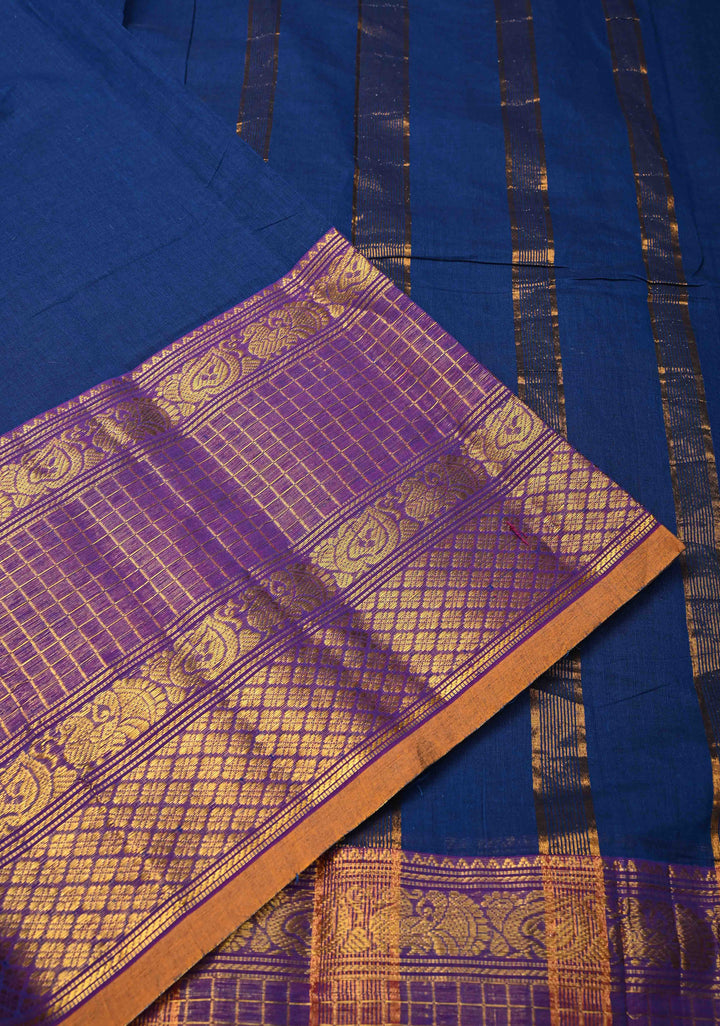 Navy blue Kanchi Cotton Saree with checked panel zari border, No Blouse piece