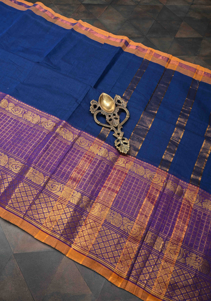 Navy blue Kanchi Cotton Saree with checked panel zari border, No Blouse piece