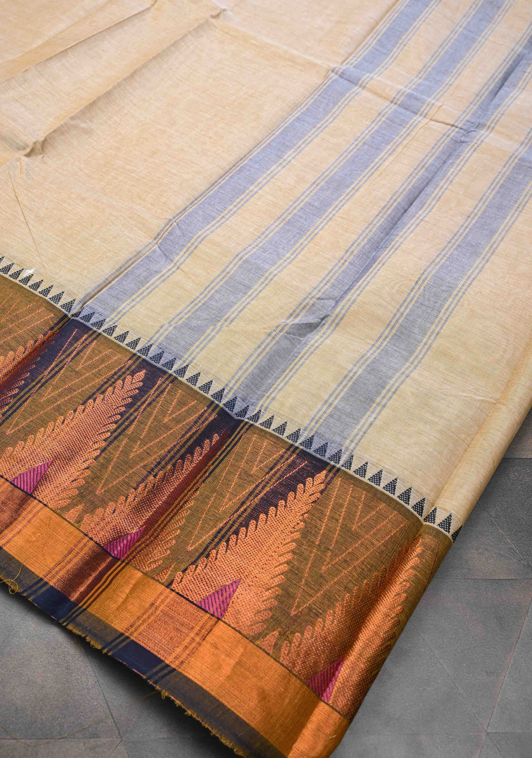 Beige Kanchi Cotton Saree With Temple Zari borders | No Blouse piece