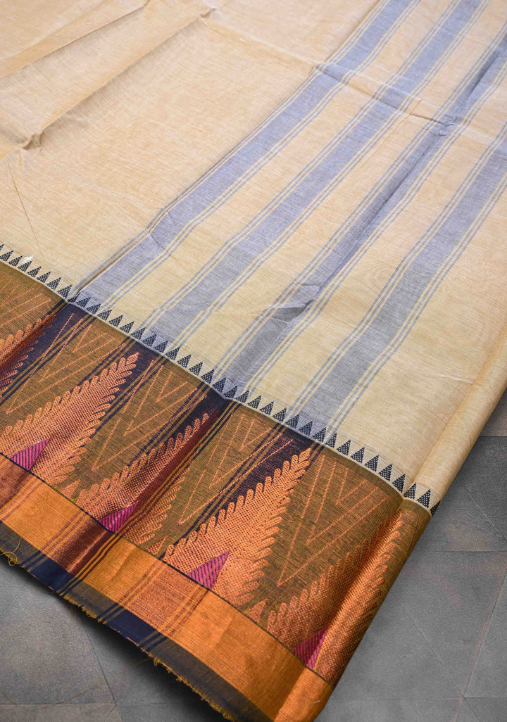 Beige Kanchi Cotton Saree With Temple Zari borders | No Blouse piece