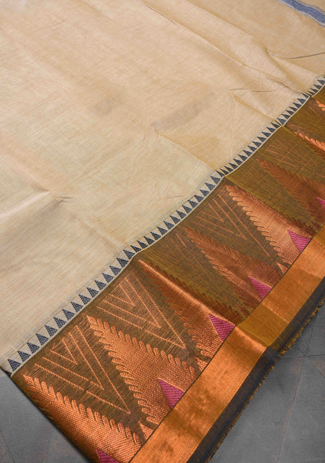 Beige Kanchi Cotton Saree With Temple Zari borders | No Blouse piece