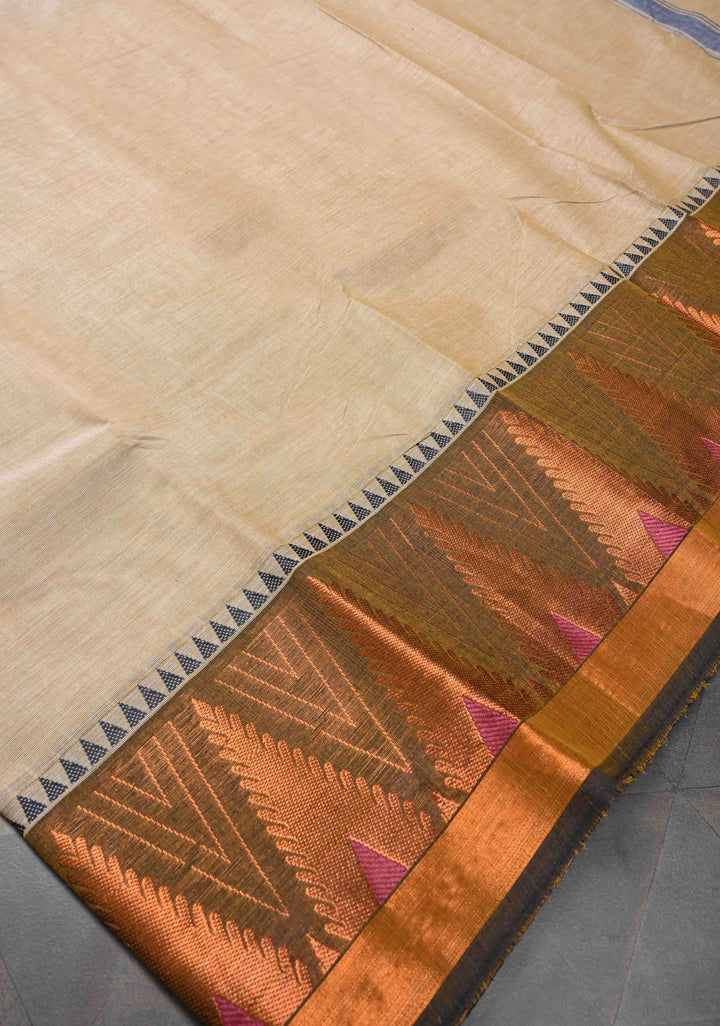 Beige Kanchi Cotton Saree With Temple Zari borders | No Blouse piece