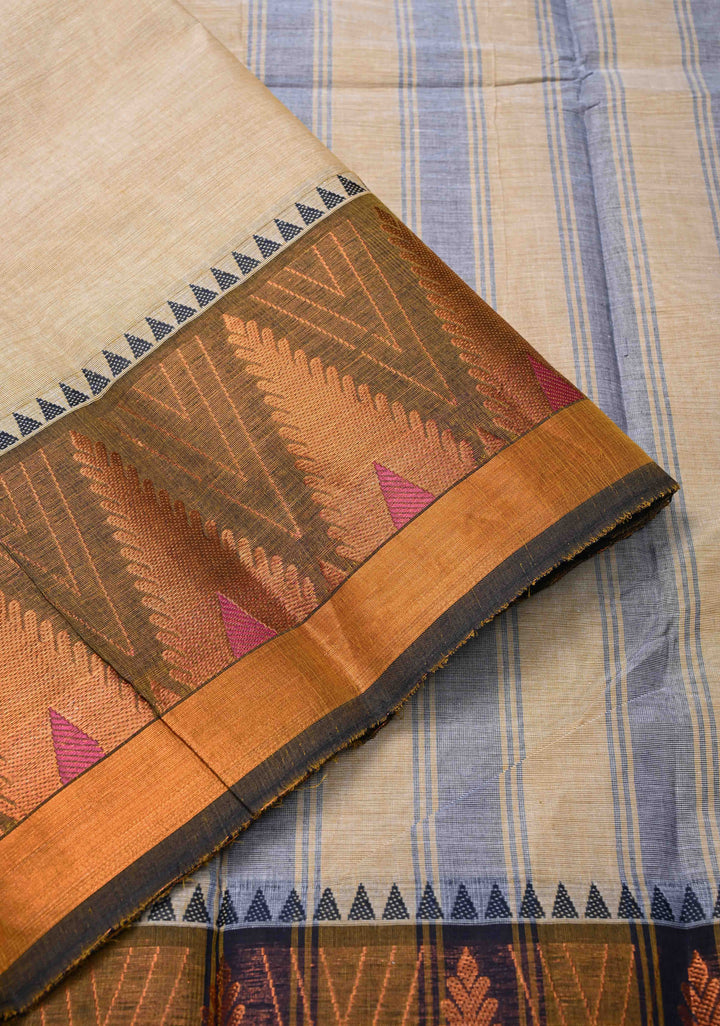 Beige Kanchi Cotton Saree With Temple Zari borders | No Blouse piece