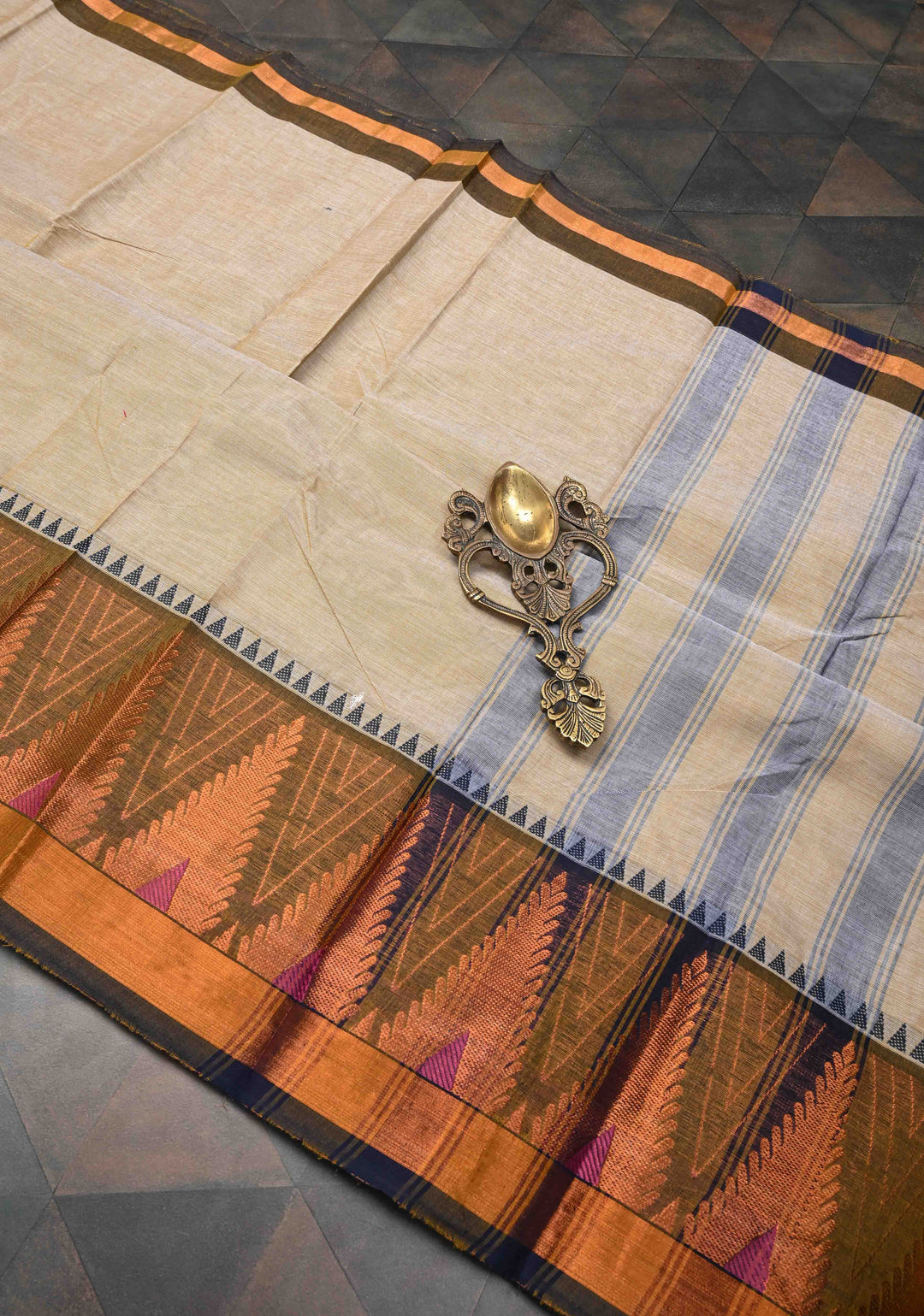 Beige Kanchi Cotton Saree With Temple Zari borders | No Blouse piece