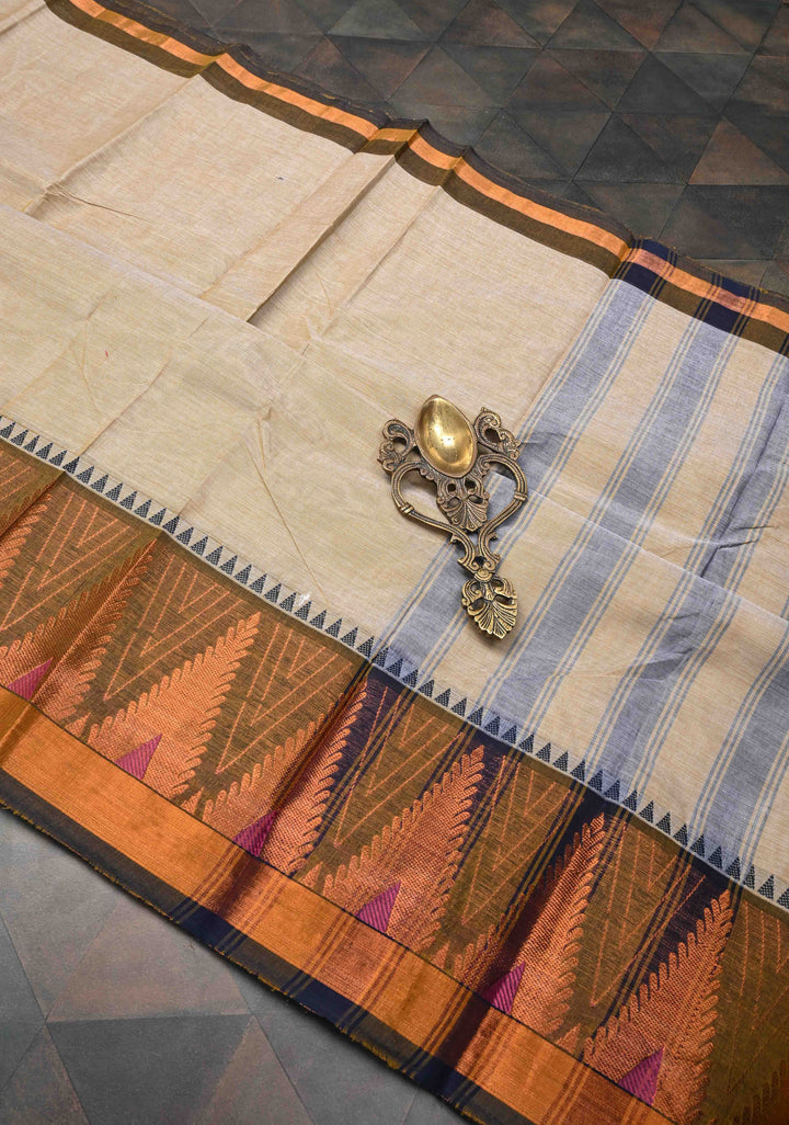 Beige Kanchi Cotton Saree With Temple Zari borders | No Blouse piece