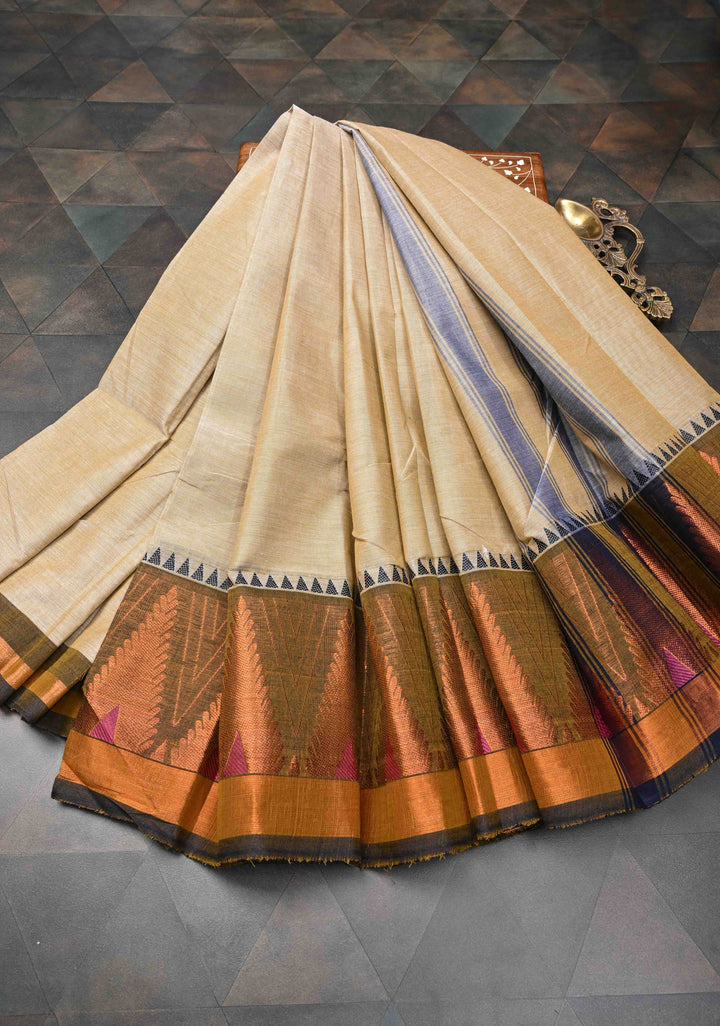 Beige Kanchi Cotton Saree With Temple Zari borders | No Blouse piece