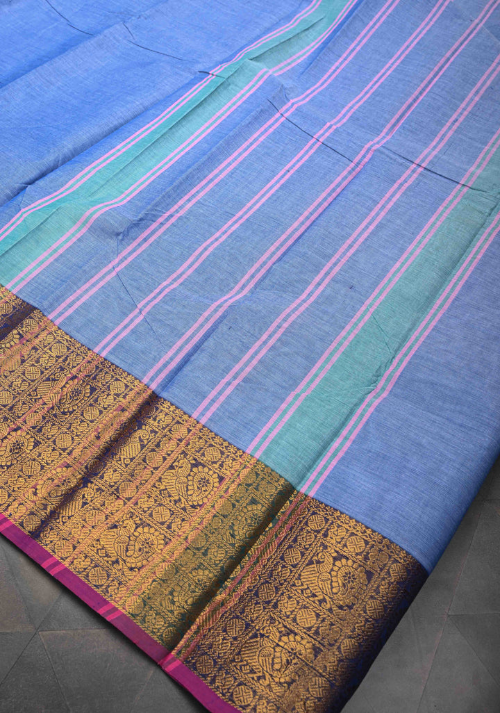 Light Blue Kanchi Cotton Saree with Contrast Zari Border, No Blouse piece