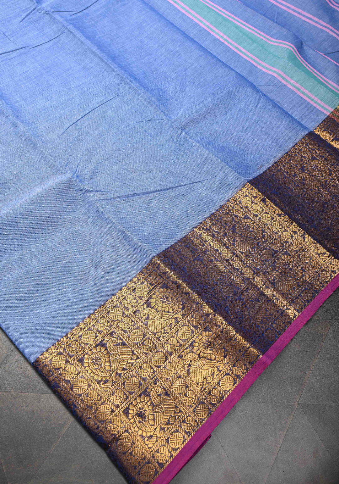 Light Blue Kanchi Cotton Saree with Contrast Zari Border, No Blouse piece