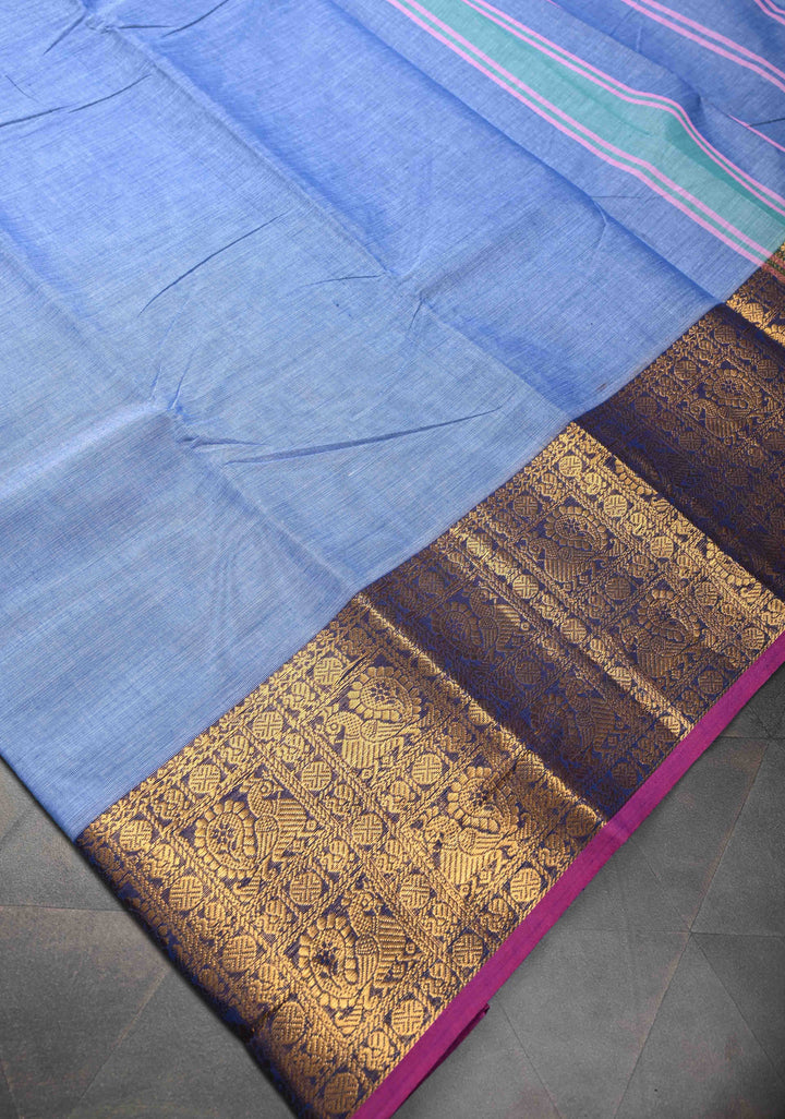 Light Blue Kanchi Cotton Saree with Contrast Zari Border, No Blouse piece