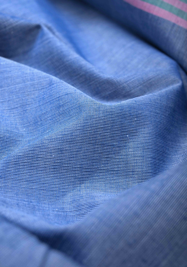 Light Blue Kanchi Cotton Saree with Contrast Zari Border, No Blouse piece