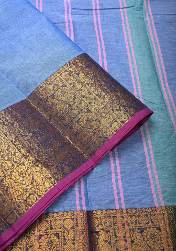 Light Blue Kanchi Cotton Saree with Contrast Zari Border, No Blouse piece