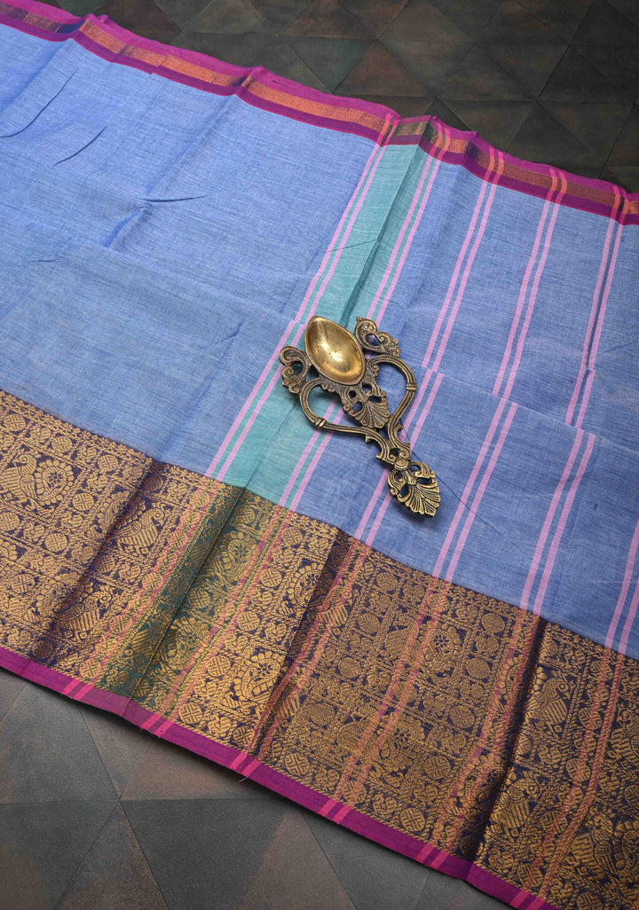 Light Blue Kanchi Cotton Saree with Contrast Zari Border, No Blouse piece