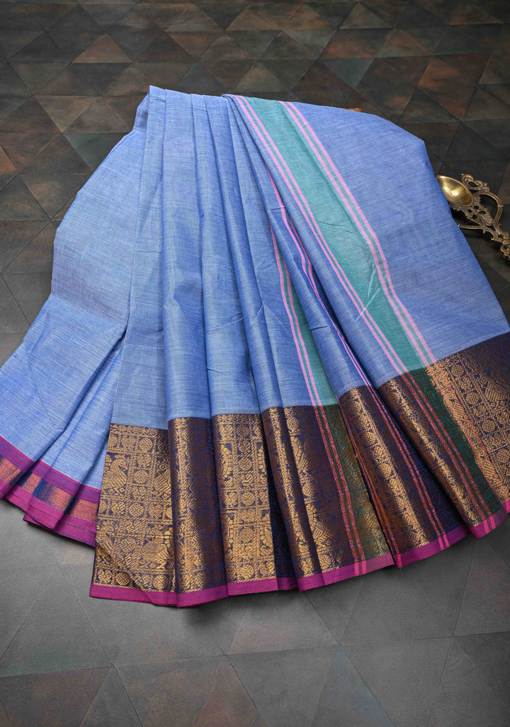 Light Blue Kanchi Cotton Saree with Contrast Zari Border, No Blouse piece