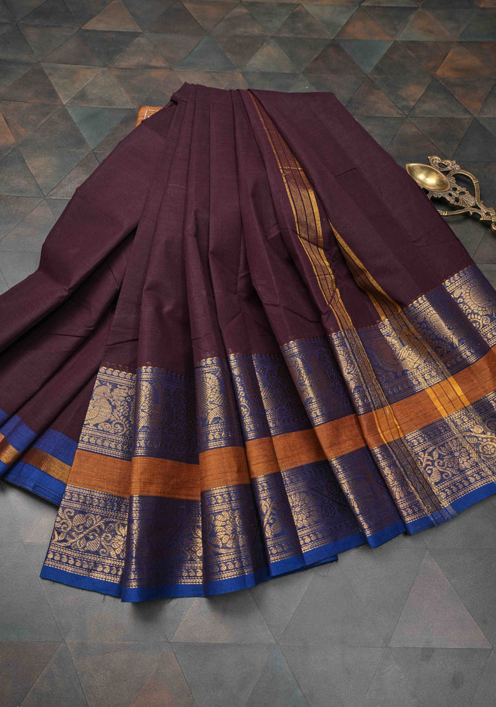 Coco Brown Kanchi Cotton Saree with Contrast Zari Border, No Blouse piece