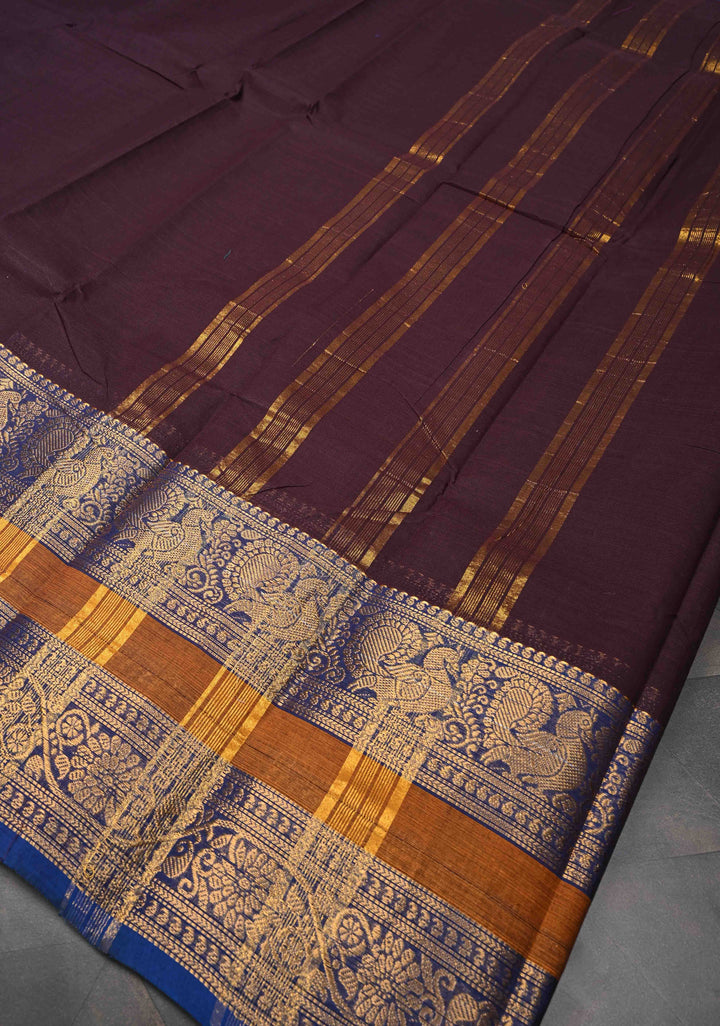 Coco Brown Kanchi Cotton Saree with Contrast Zari Border, No Blouse piece