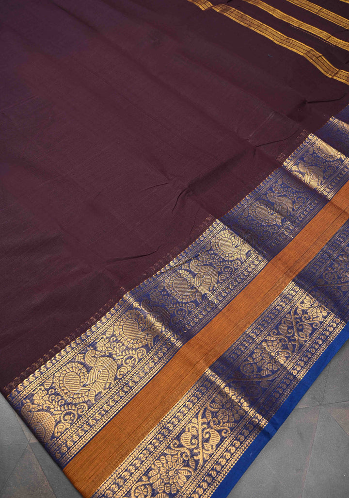 Coco Brown Kanchi Cotton Saree with Contrast Zari Border, No Blouse piece