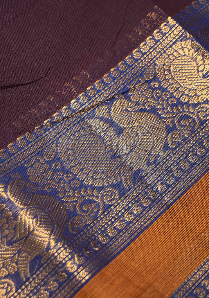 Coco Brown Kanchi Cotton Saree with Contrast Zari Border, No Blouse piece
