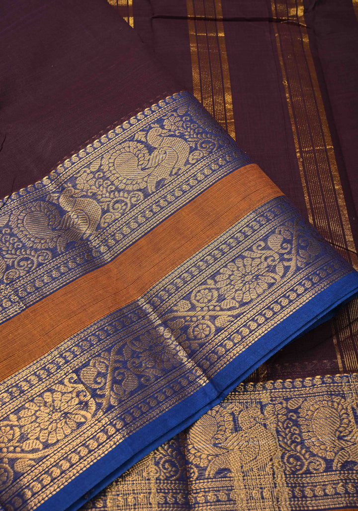 Coco Brown Kanchi Cotton Saree with Contrast Zari Border, No Blouse piece