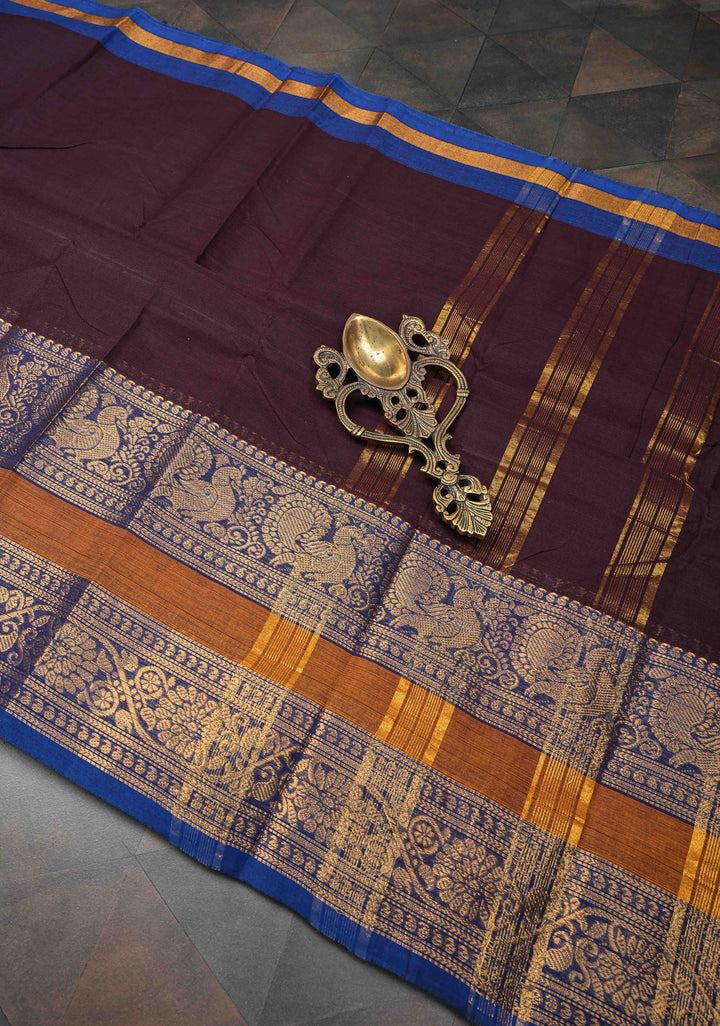 Coco Brown Kanchi Cotton Saree with Contrast Zari Border, No Blouse piece