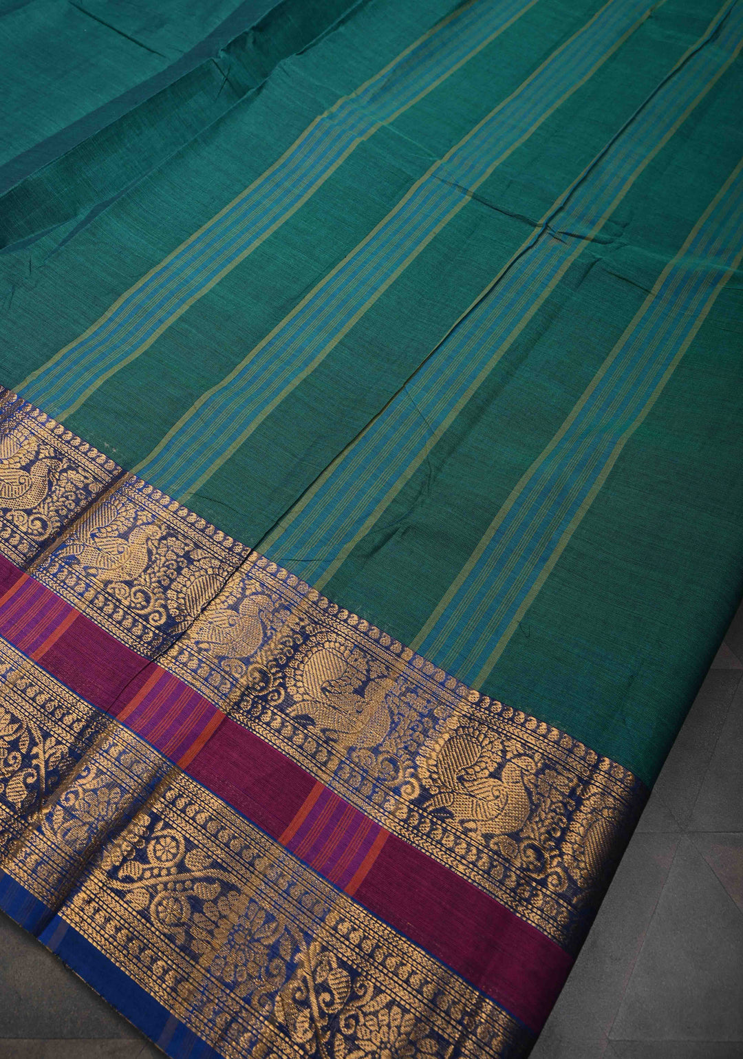 Teal Kanchi Cotton Saree with Zari Border, No Blouse piece